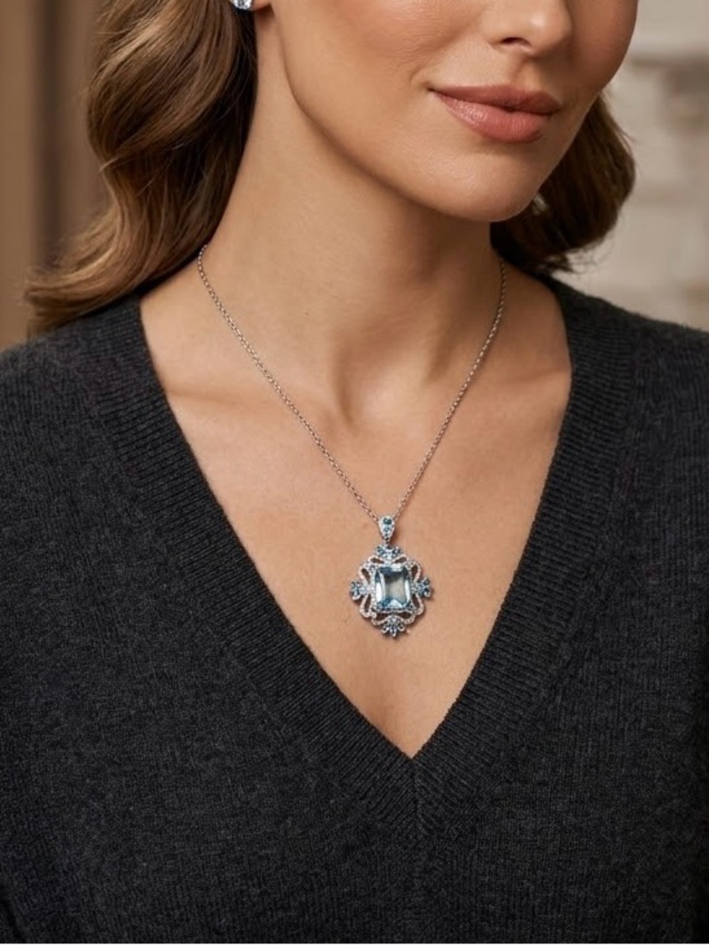Sterling Silver Blue Topaz Pendant Necklace - Elegant Statement